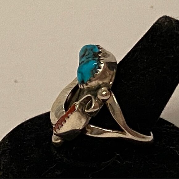 R CHEE VINTAGE NAVAJO STERLING SILVER RING RED BRANCH CORAL TURQUOISE SIZE 7 USA - Picture 10 of 13